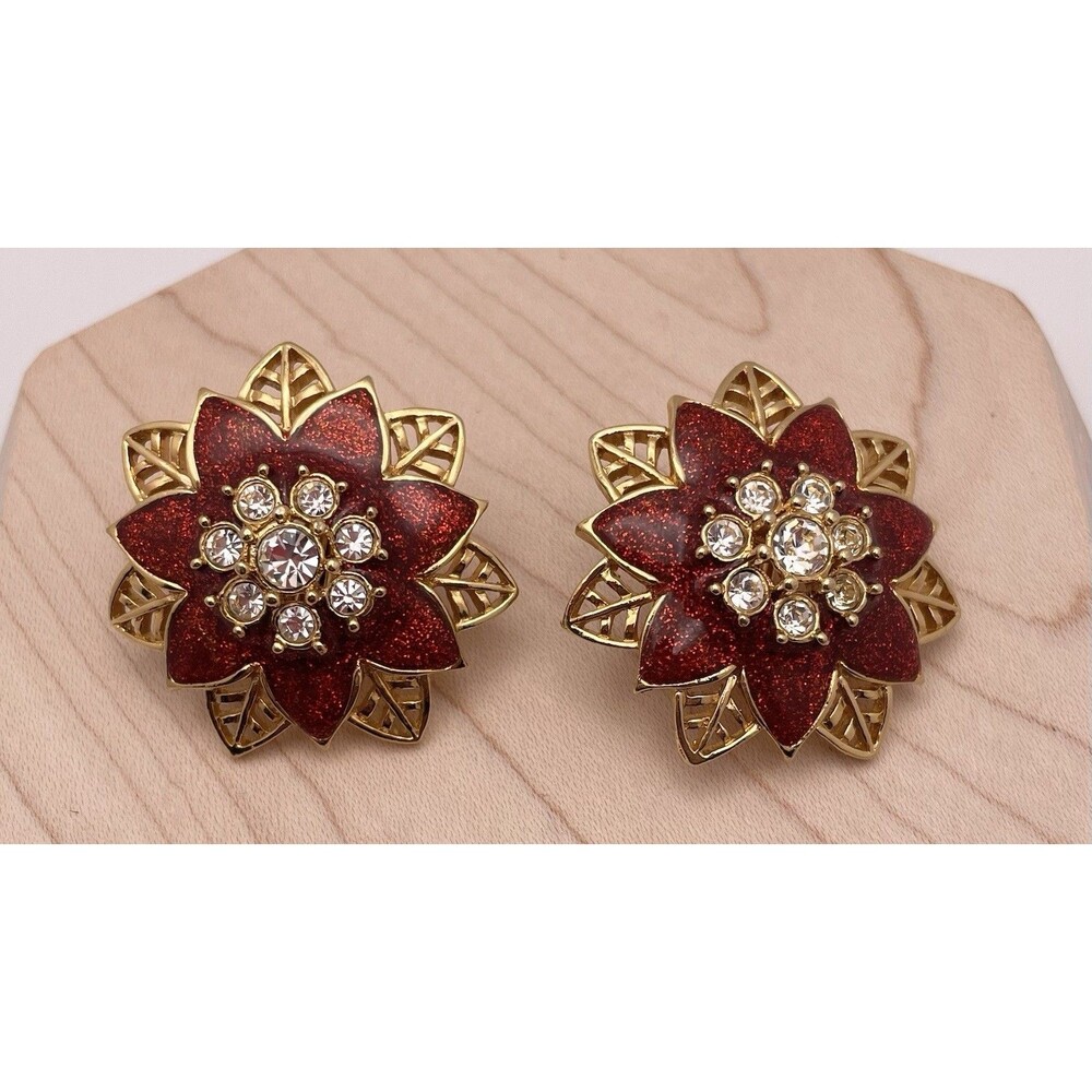 Poinsettia Christmas Red Enamel Rhinestone Goldtone Clip-on Fashion Earrings